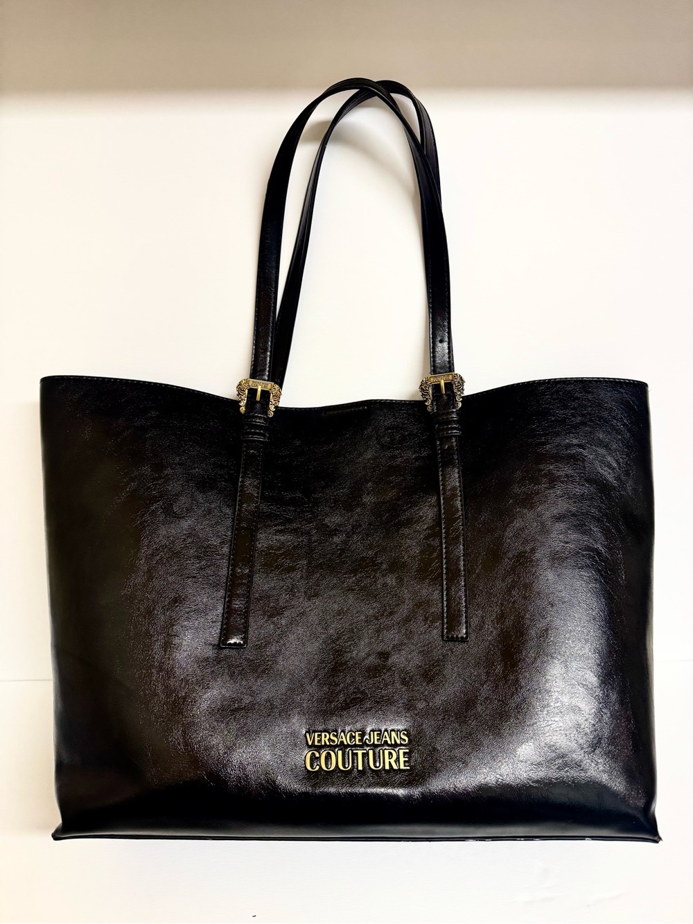Versace Jeans Collection Black Leather Tote with Gold Logo